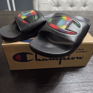 Champion Black Slide Sandals with Rainbow Logo Accent